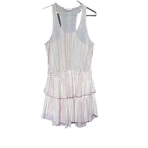 LoveShackFancy Size L Mini Dress Pink Striped Ruffle Tier Embroidered Boho - Picture 3 of 11